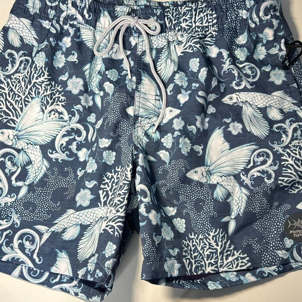 Psycho Tuna Men’s Medium Swim Shorts Pockets Blue Fish Sea Print